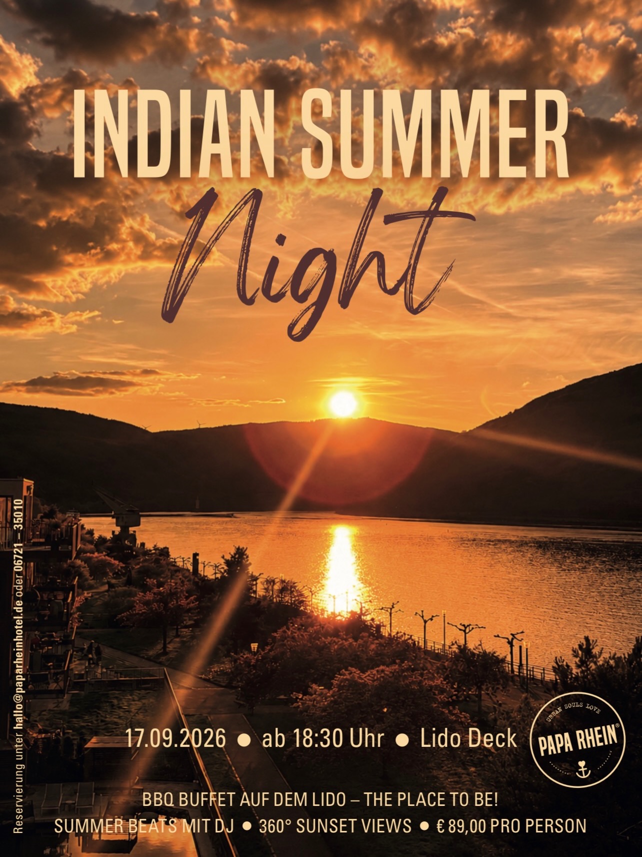 Erlebt im September unsere erste Indian Summer Night auf dem LIDO Deck 🧡  Macht Euch bereit für einen unvergesslichen Abend im goldenen Spätsommer. Diese Zeit inbetween, die mit warmen, leuchtenden Farben und Sonnenuntergängen ganz leise den Herbst ankündigt.   Reservierungen: 📧 hallo@paparheinhotel.de 📞 06721 3501-0  Wir freuen uns auf einen goldenen Spätsommerabend mit Euch!☀️  #paparhein #indiansummernights #event #sommer