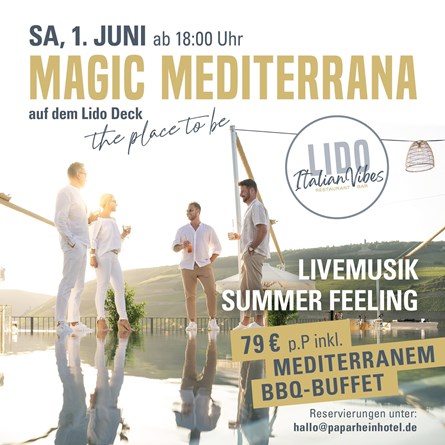 MAGIC MEDITERRANA✨🌿🥂  Unser LIDO Deck ist vor allem im Sommer THE place to be. Am 1. Juni laden wir euch zu einem mediterranem Abend mit dem schönsten Blick ins Mittelrheintal ein.  Livemusik, Sonnenstrahlen, Plunge Pool, mediterrane Genüsse – alles wie im Urlaub. Aber manchmal liegt das Gute so nah!  Reservierungen unter hallo@paparheinhotel.de  Wir freuen uns auf euch!❤  #paparhein #lidodeck #magicmediterrana #sunshine #theplacetobe #bingen
